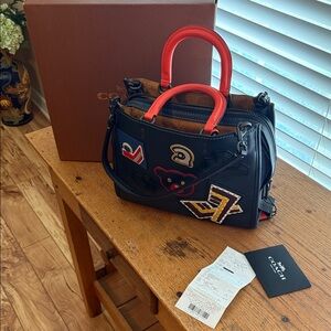 Coach 1941 Varsity Patch Rogue Leather Handbag with Orange Handles and Patches